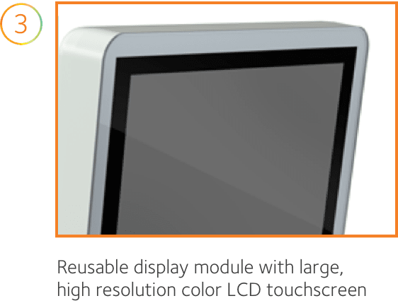 Closeup of the high-resolution LCD touchscreen on the Endosee Advance. Text on this image states: 3. Reusable display module with large, high resolution color LCD touchscreen