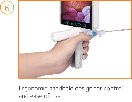 A hand holding the Endosee Advance. Text on the image reads: 6. Ergonomic handle design for control and ease of use