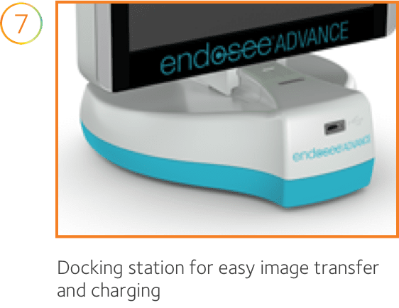 Closeup of the Endosee Advance docking station. Text on the image reads: 7. Docking station for easy image transfer and charging